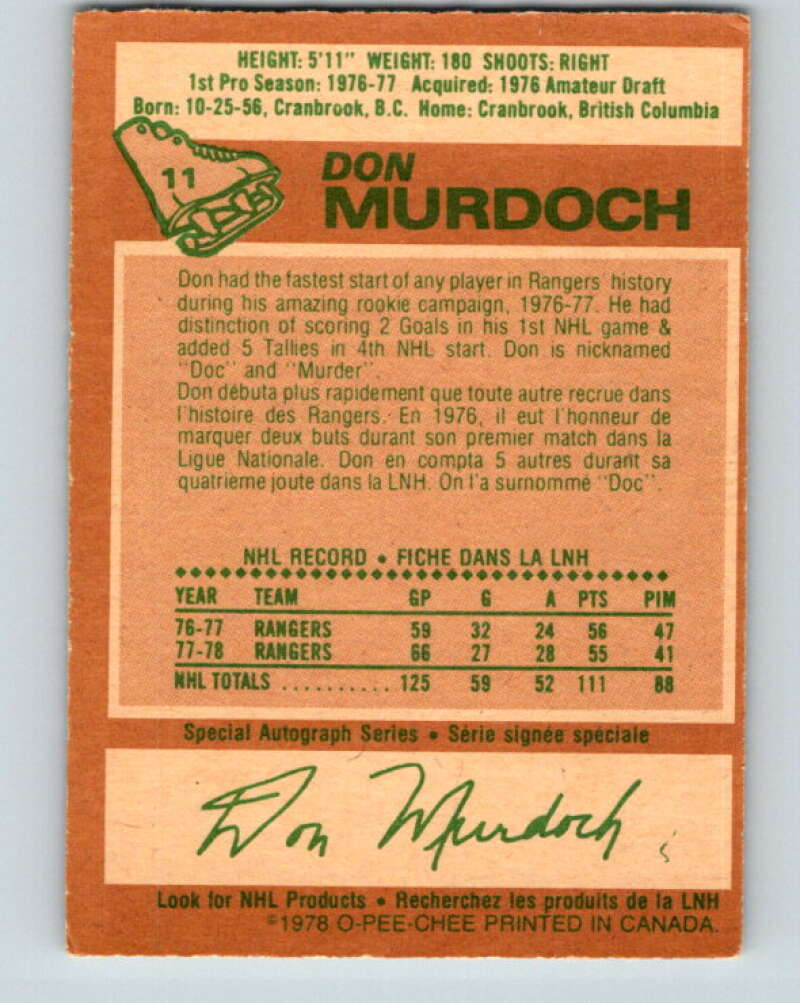 1978-79 O-Pee-Chee #11 Don Murdoch  New York Rangers  V20920