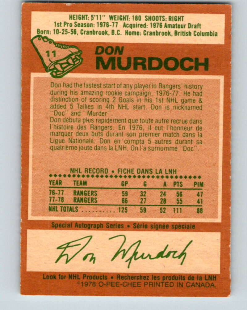 1978-79 O-Pee-Chee #11 Don Murdoch  New York Rangers  V20924
