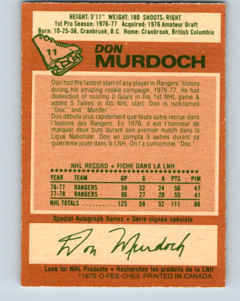 1978-79 O-Pee-Chee #11 Don Murdoch  New York Rangers  V20925