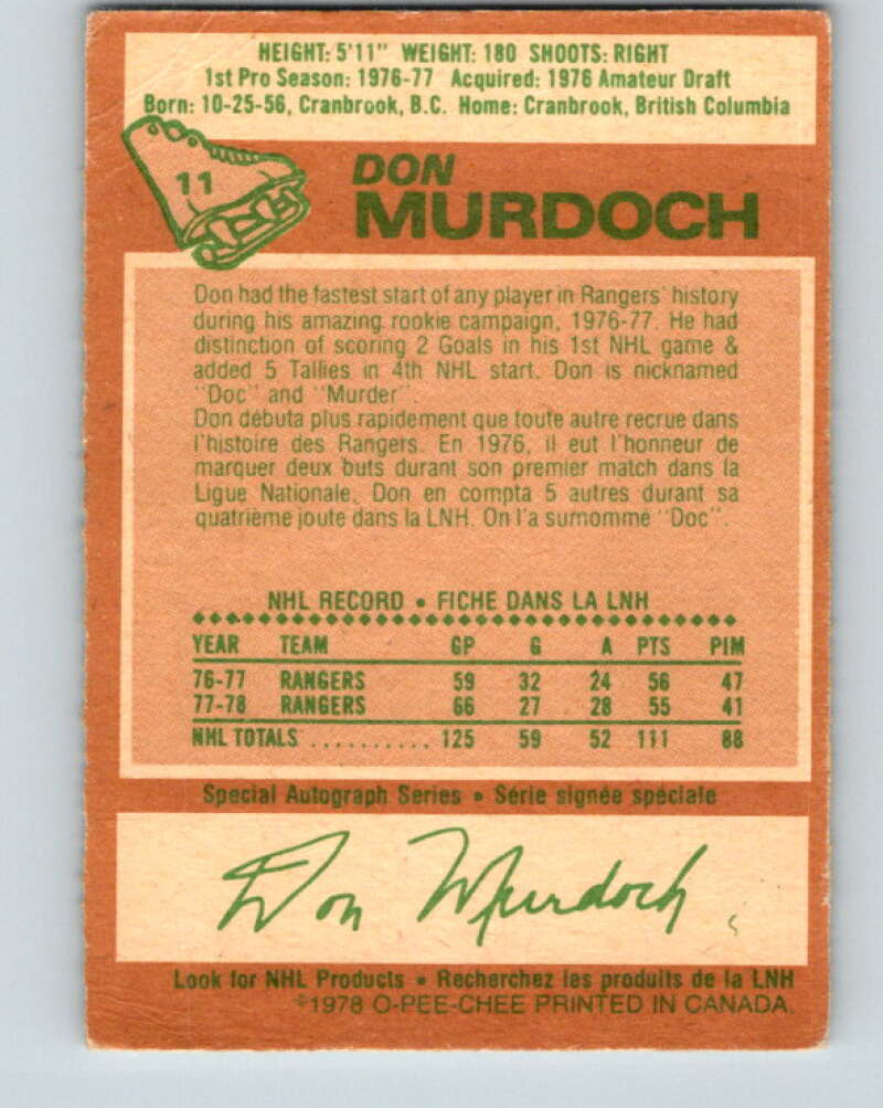 1978-79 O-Pee-Chee #11 Don Murdoch  New York Rangers  V20926
