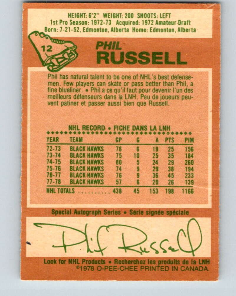 1978-79 O-Pee-Chee #12 Phil Russell  Chicago Blackhawks  V20928