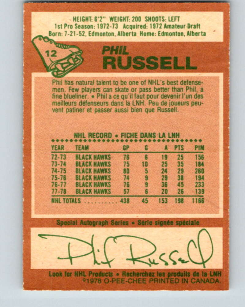1978-79 O-Pee-Chee #12 Phil Russell  Chicago Blackhawks  V20929