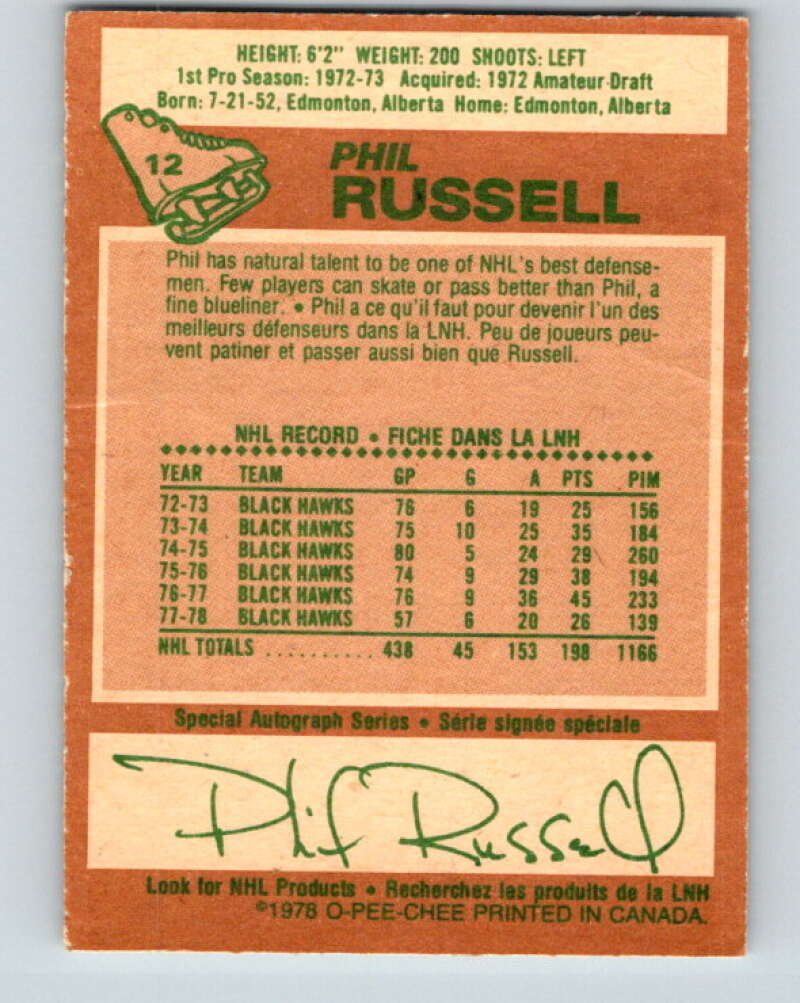 1978-79 O-Pee-Chee #12 Phil Russell  Chicago Blackhawks  V20930