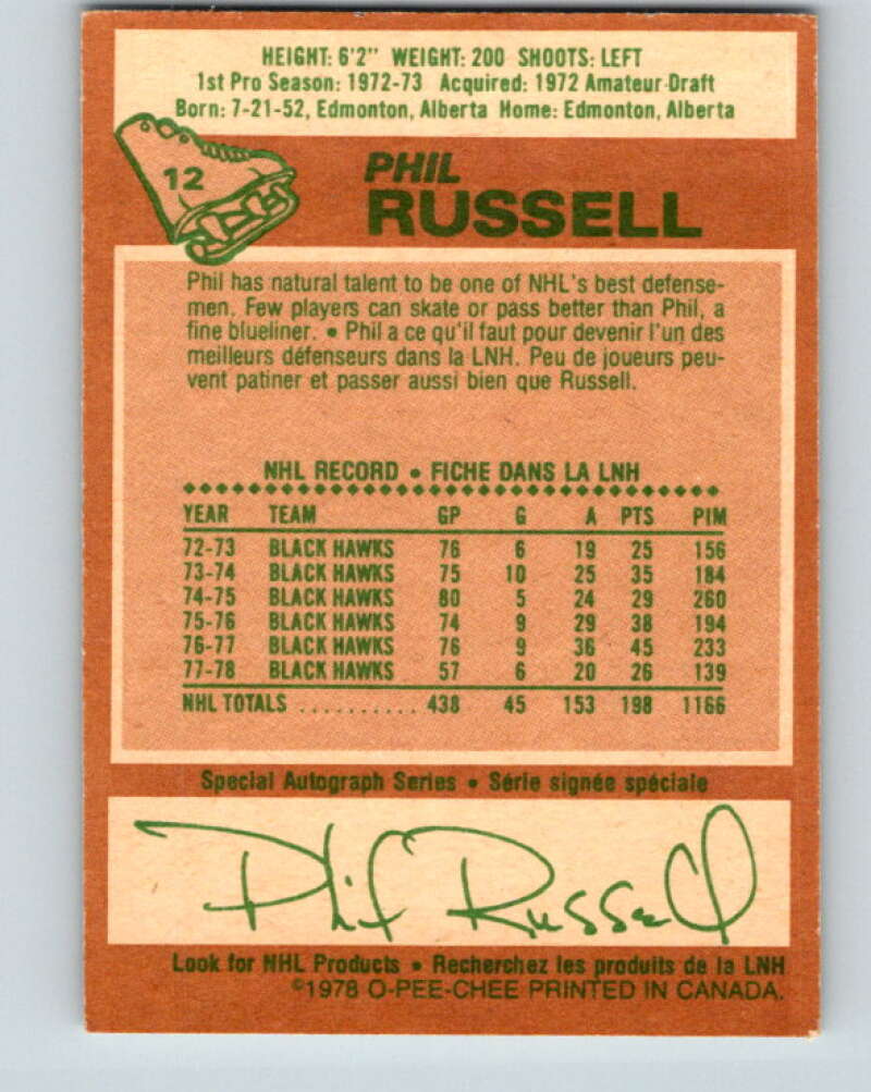 1978-79 O-Pee-Chee #12 Phil Russell  Chicago Blackhawks  V20932