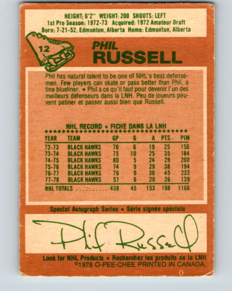 1978-79 O-Pee-Chee #12 Phil Russell  Chicago Blackhawks  V20933