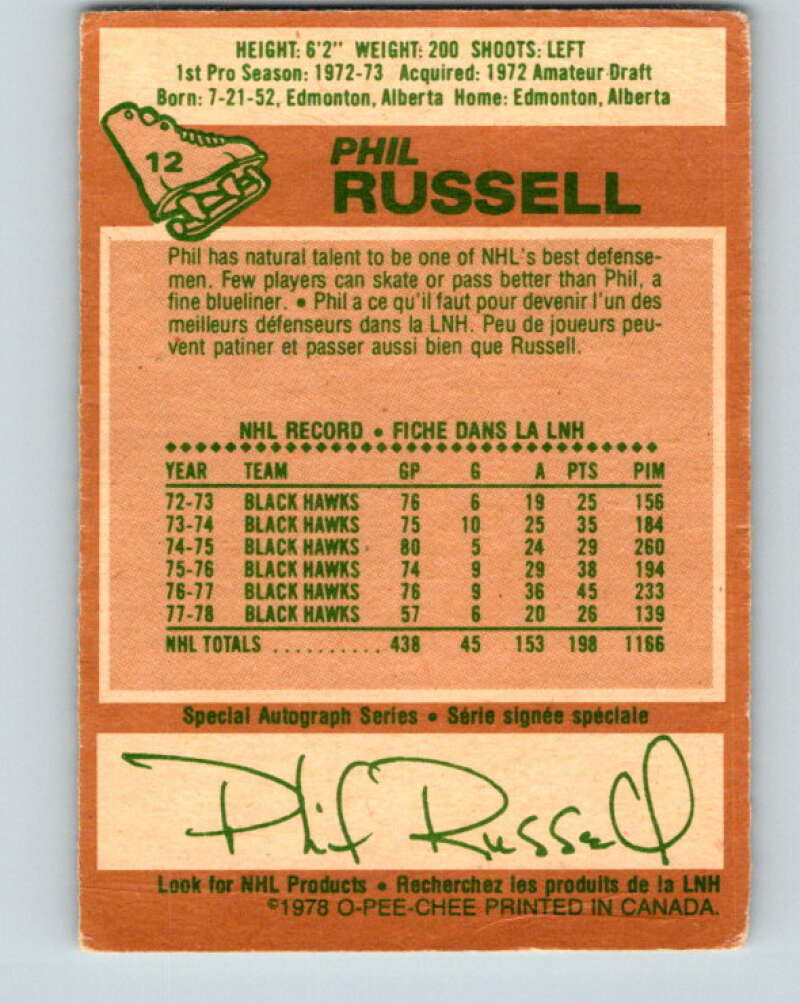 1978-79 O-Pee-Chee #12 Phil Russell  Chicago Blackhawks  V20937