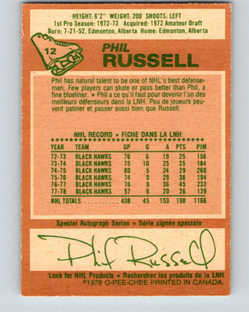 1978-79 O-Pee-Chee #12 Phil Russell  Chicago Blackhawks  V20942