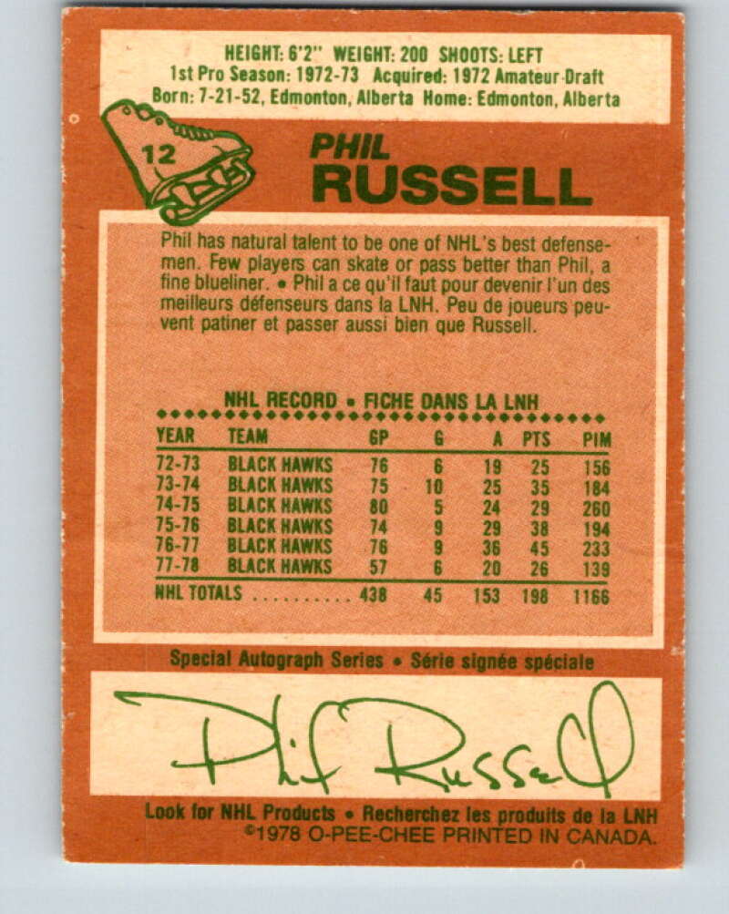1978-79 O-Pee-Chee #12 Phil Russell  Chicago Blackhawks  V20943