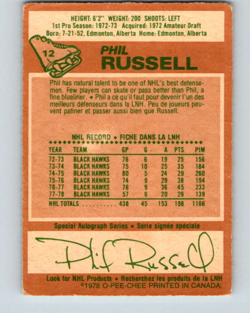 1978-79 O-Pee-Chee #12 Phil Russell  Chicago Blackhawks  V20945