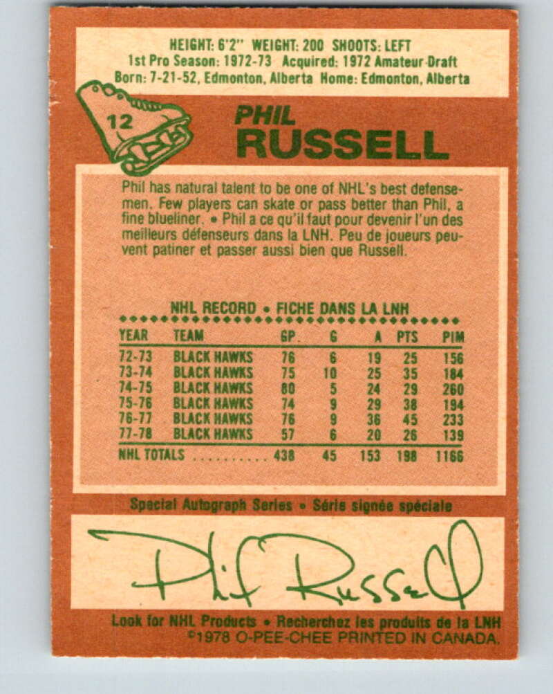 1978-79 O-Pee-Chee #12 Phil Russell  Chicago Blackhawks  V20946