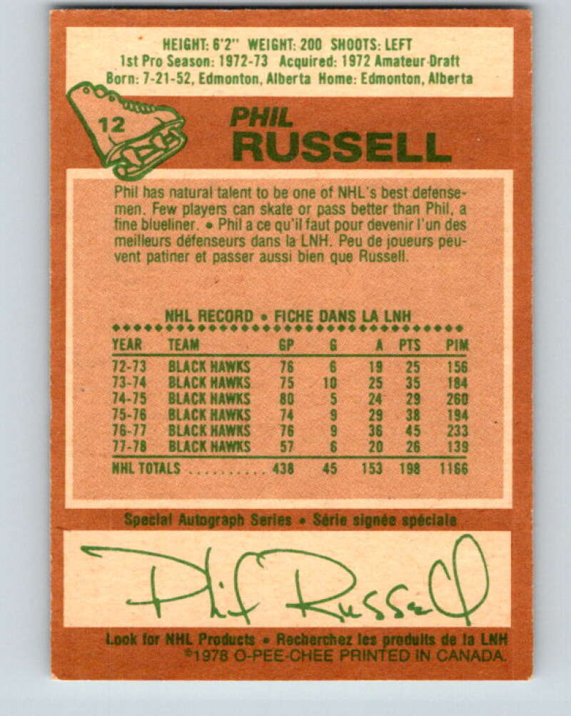 1978-79 O-Pee-Chee #12 Phil Russell  Chicago Blackhawks  V20947