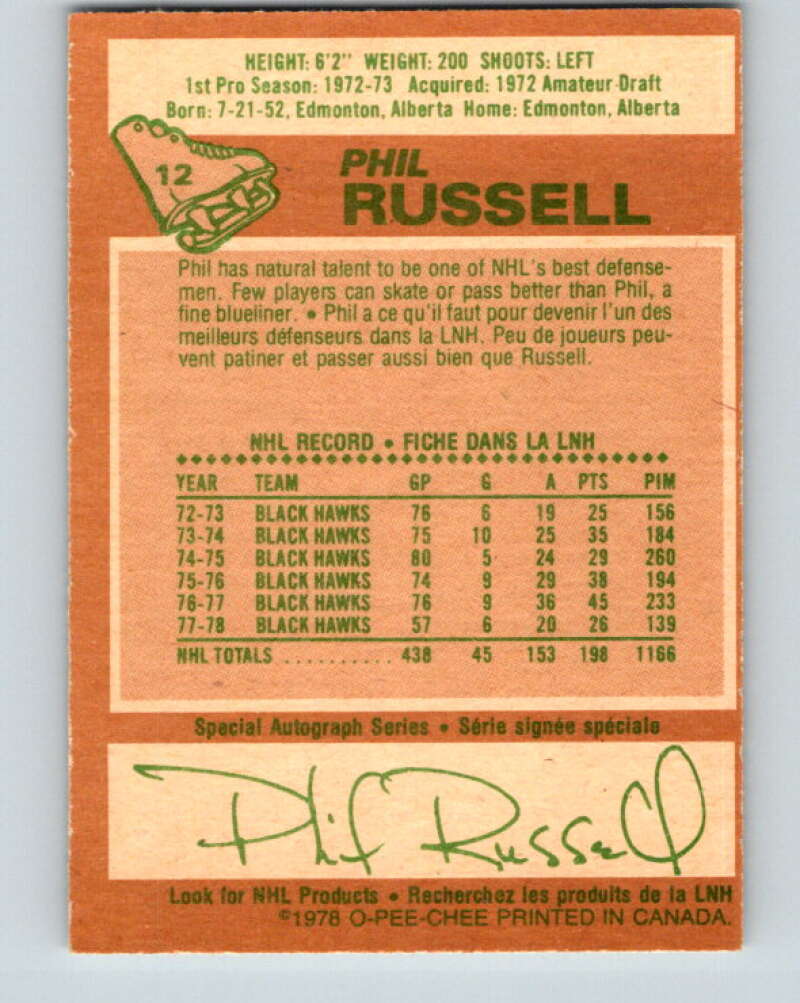 1978-79 O-Pee-Chee #12 Phil Russell  Chicago Blackhawks  V20948