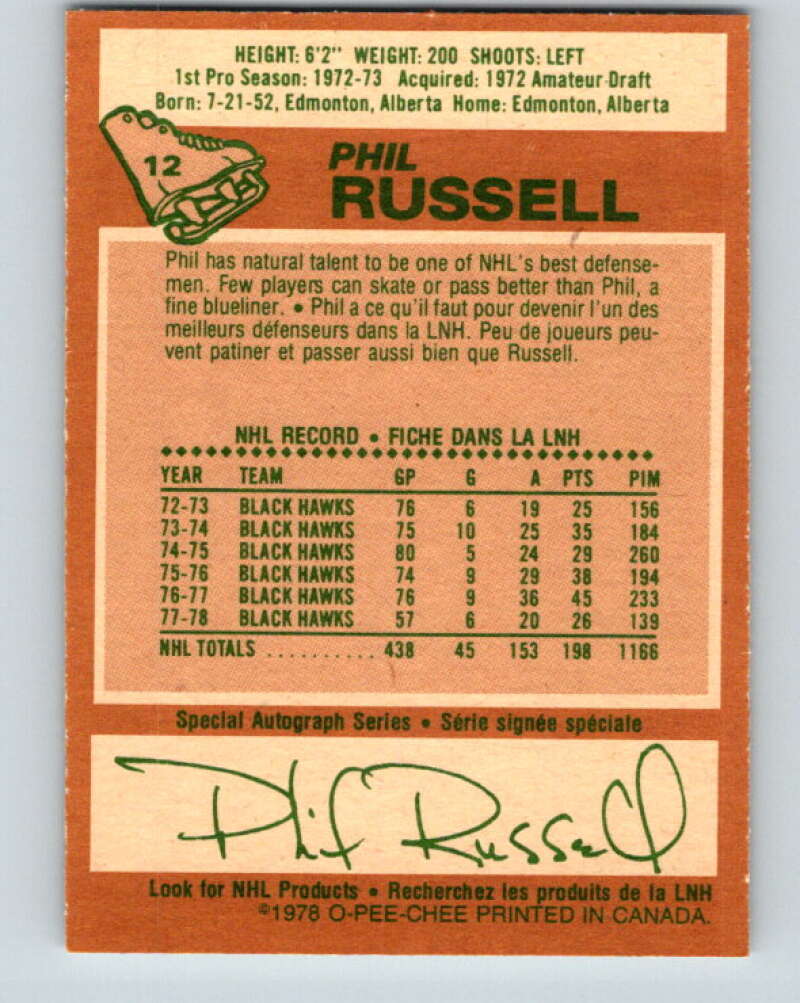 1978-79 O-Pee-Chee #12 Phil Russell  Chicago Blackhawks  V20950