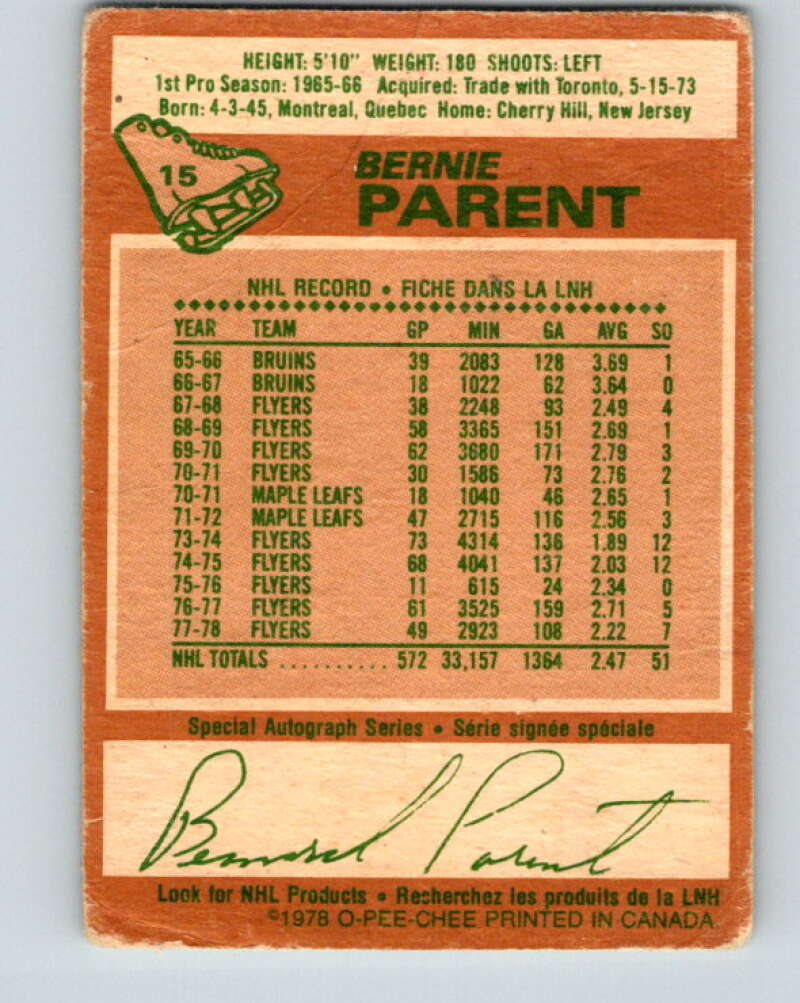 1978-79 O-Pee-Chee #15 Bernie Parent  Philadelphia Flyers  V20965