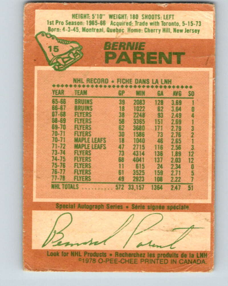 1978-79 O-Pee-Chee #15 Bernie Parent  Philadelphia Flyers  V20966
