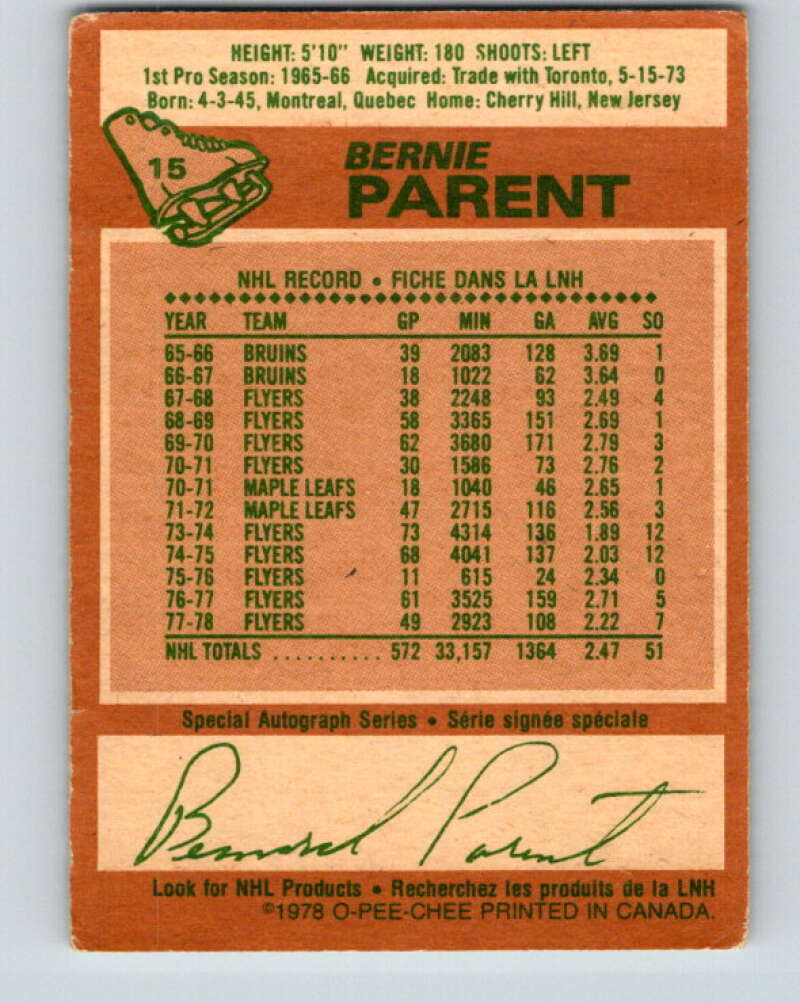 1978-79 O-Pee-Chee #15 Bernie Parent  Philadelphia Flyers  V20968