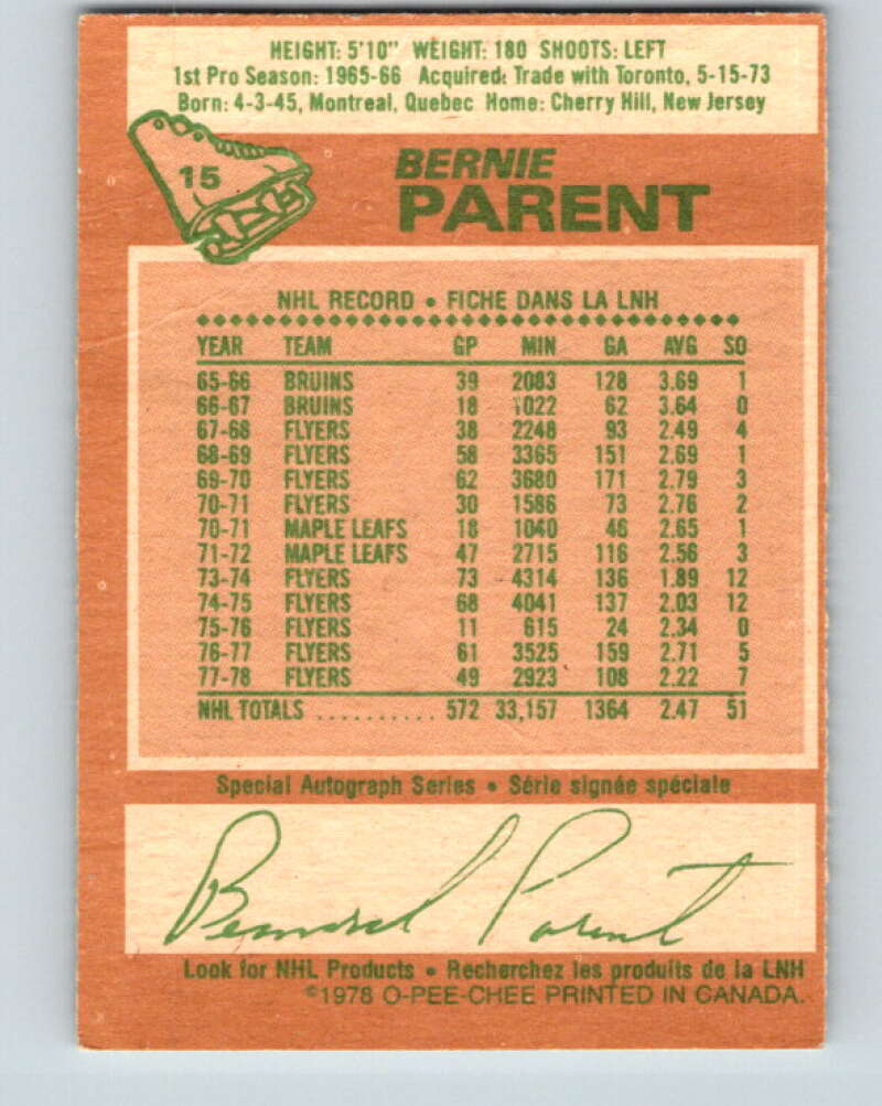 1978-79 O-Pee-Chee #15 Bernie Parent  Philadelphia Flyers  V20972