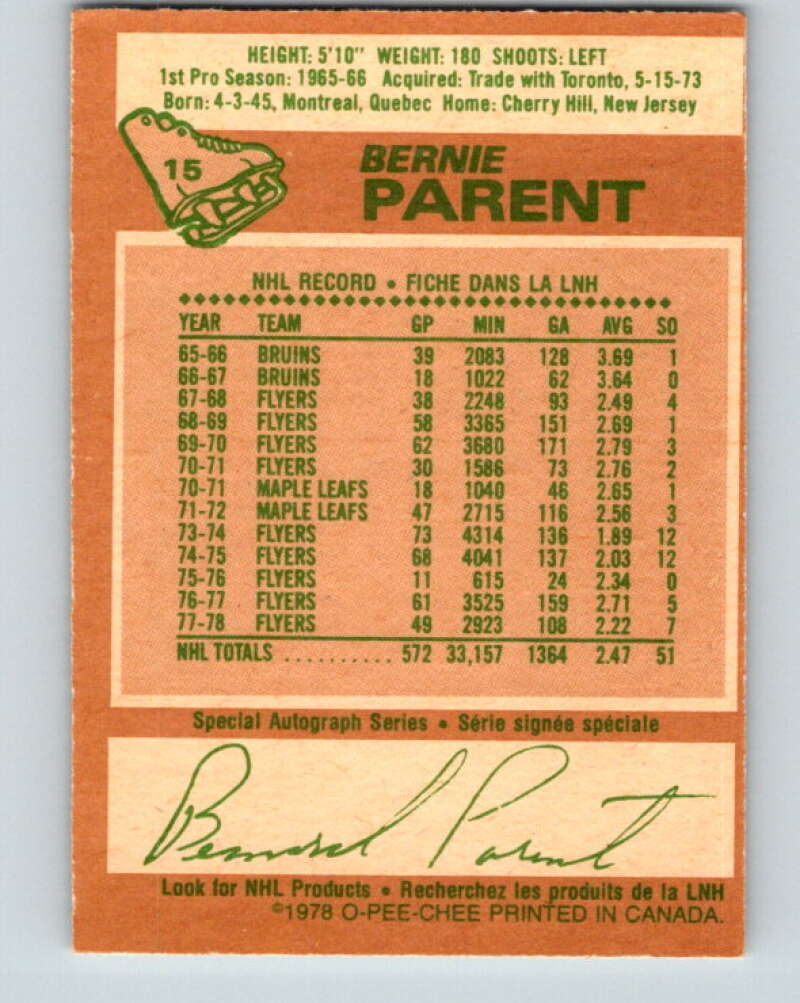 1978-79 O-Pee-Chee #15 Bernie Parent  Philadelphia Flyers  V20974