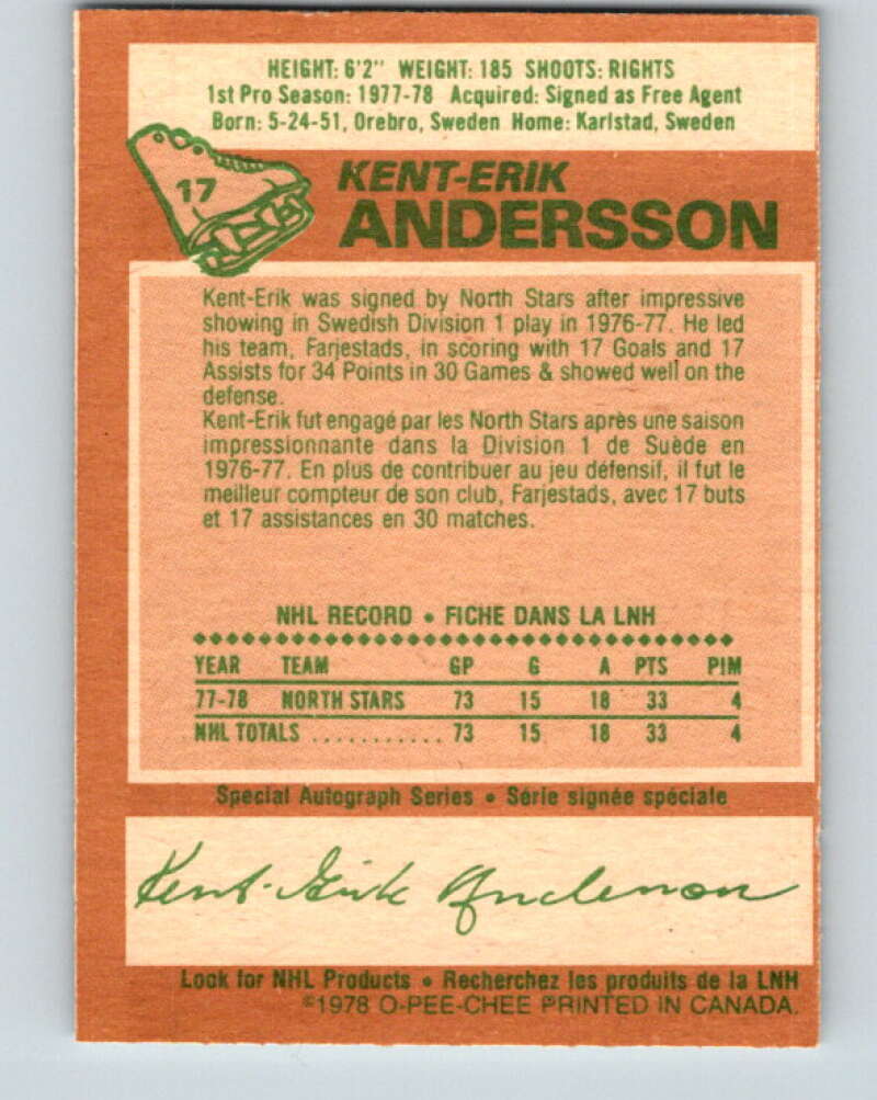 1978-79 O-Pee-Chee #17 Kent-Erik Andersson RC Rookie Minnesota  V20994
