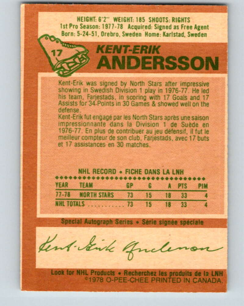 1978-79 O-Pee-Chee #17 Kent-Erik Andersson RC Rookie Minnesota  V20998