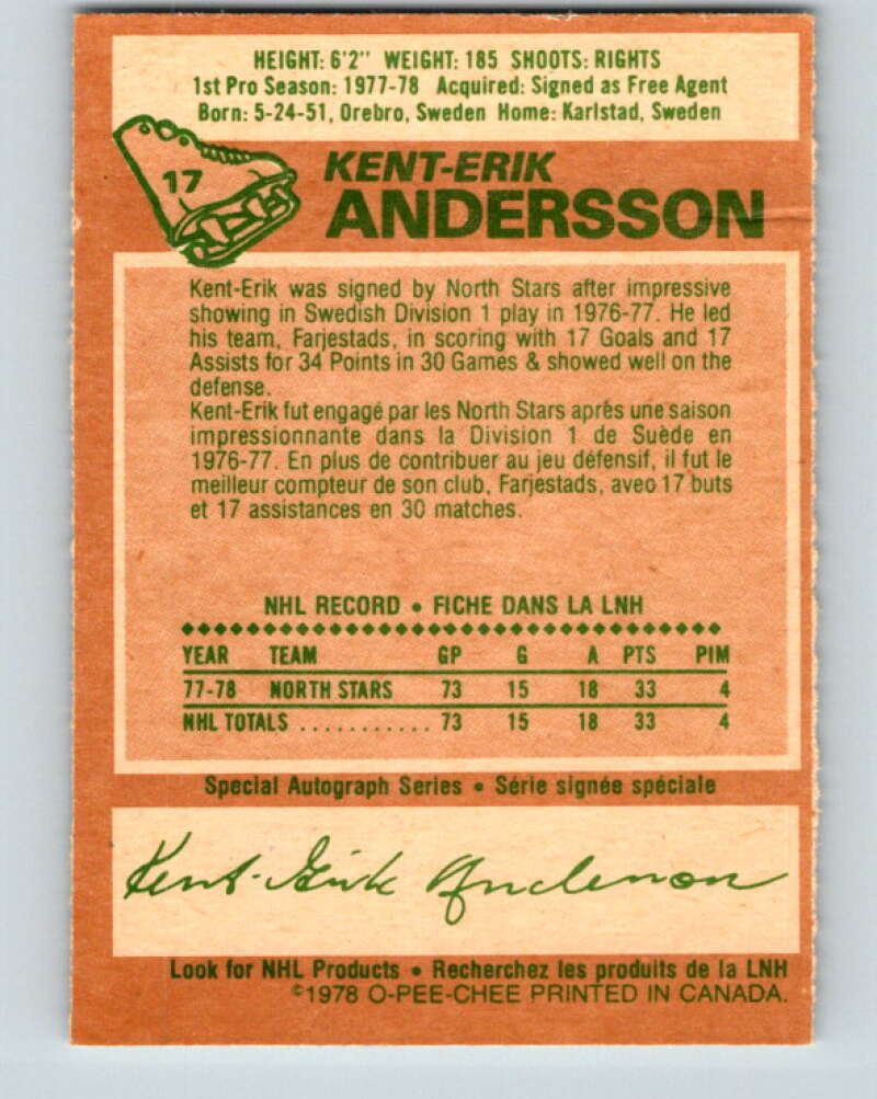 1978-79 O-Pee-Chee #17 Kent-Erik Andersson RC Rookie Minnesota  V21004