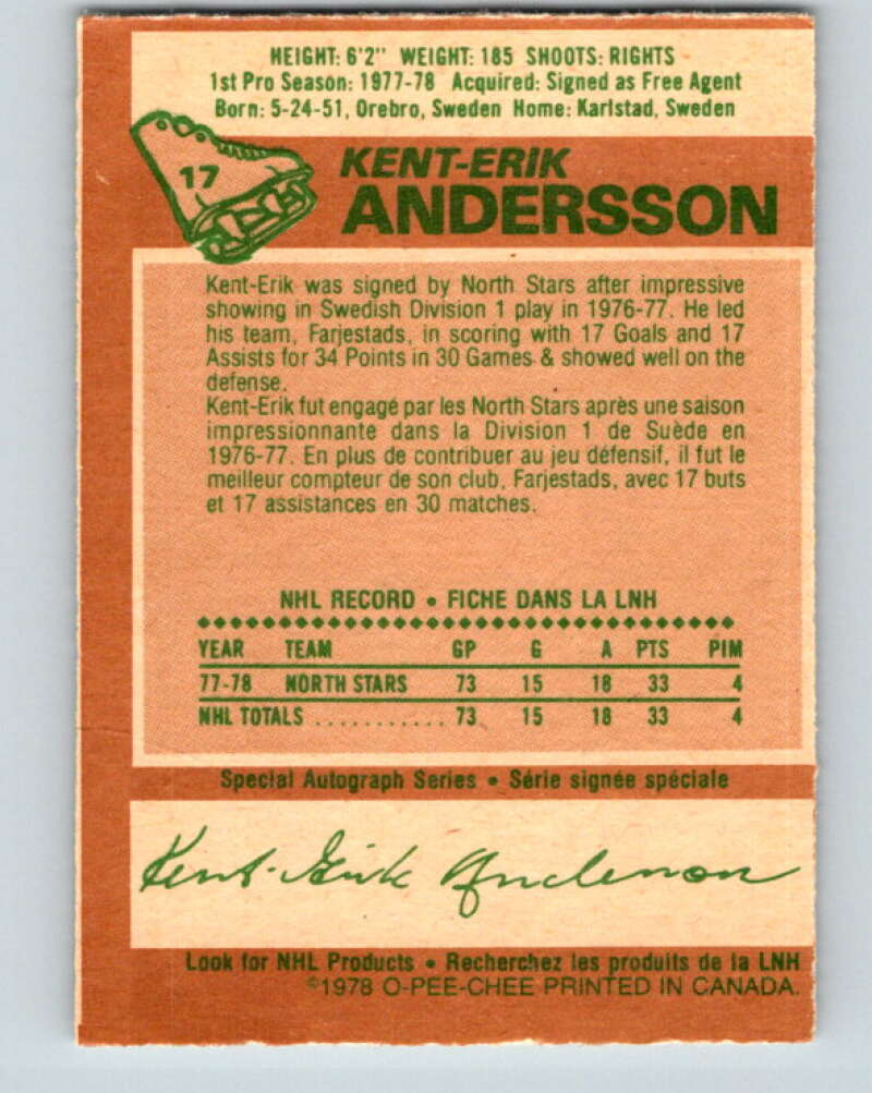 1978-79 O-Pee-Chee #17 Kent-Erik Andersson RC Rookie Minnesota  V21006