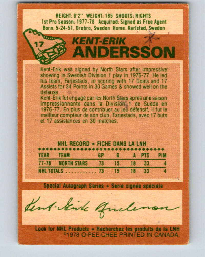 1978-79 O-Pee-Chee #17 Kent-Erik Andersson RC Rookie Minnesota  V21007