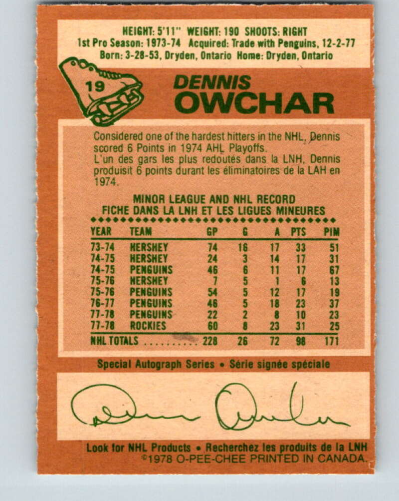 1978-79 O-Pee-Chee #19 Dennis Owchar  Colorado Rockies  V21044