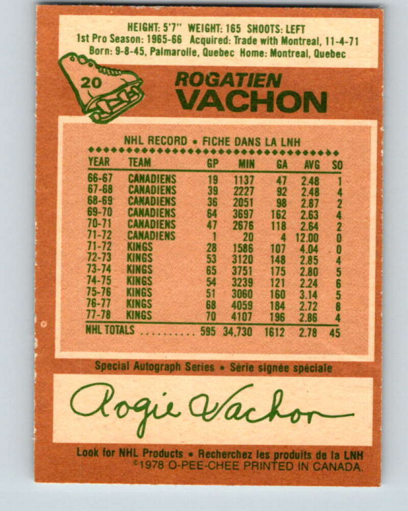 1978-79 O-Pee-Chee #20 Rogie Vachon  Detroit Red Wings  V21049