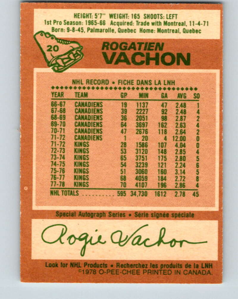 1978-79 O-Pee-Chee #20 Rogie Vachon  Detroit Red Wings  V21050