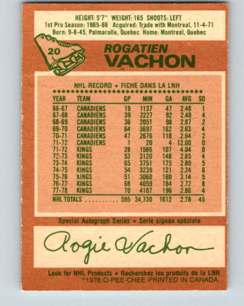1978-79 O-Pee-Chee #20 Rogie Vachon  Detroit Red Wings  V21051