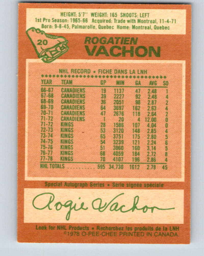 1978-79 O-Pee-Chee #20 Rogie Vachon  Detroit Red Wings  V21052