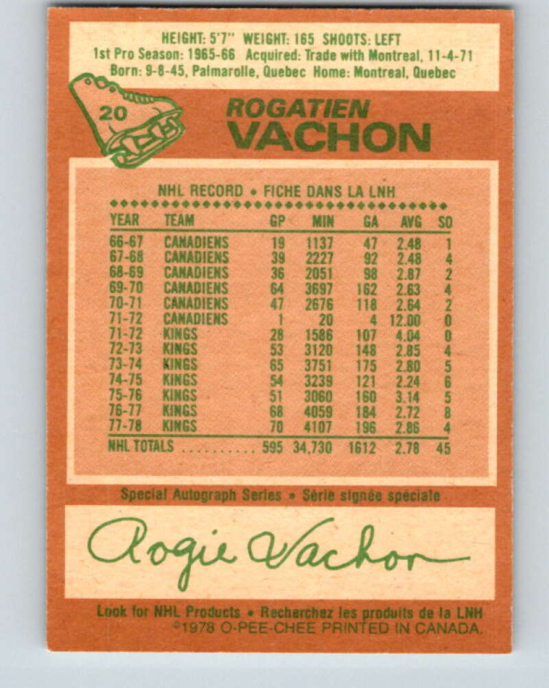 1978-79 O-Pee-Chee #20 Rogie Vachon  Detroit Red Wings  V21054