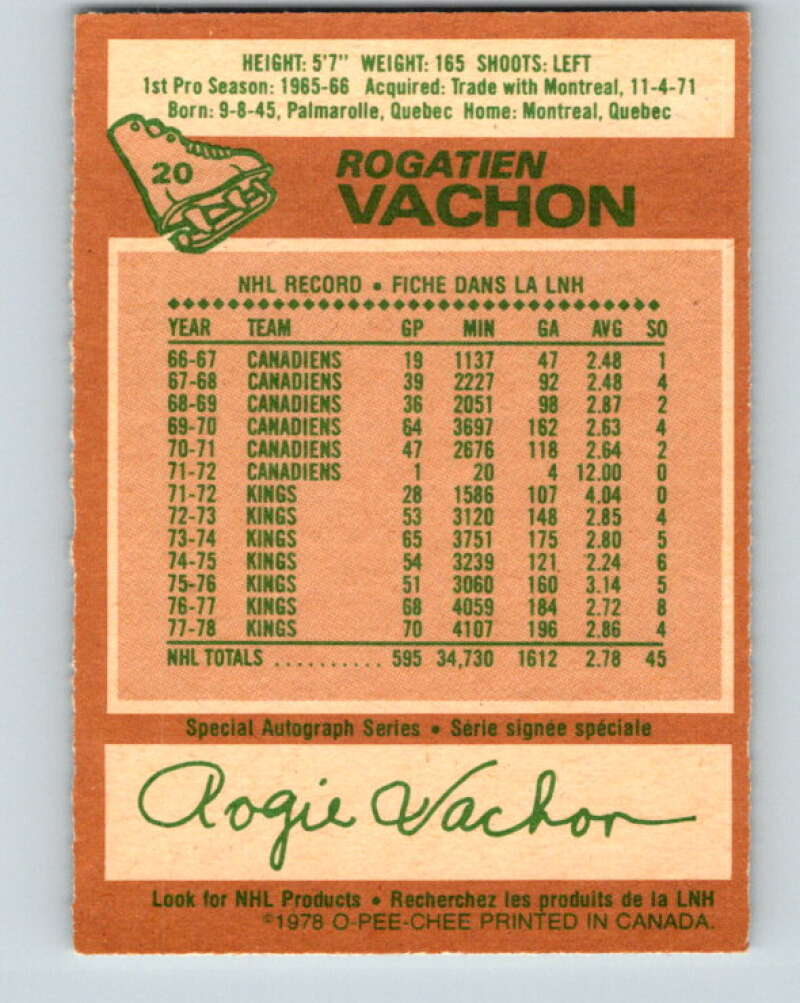 1978-79 O-Pee-Chee #20 Rogie Vachon  Detroit Red Wings  V21055