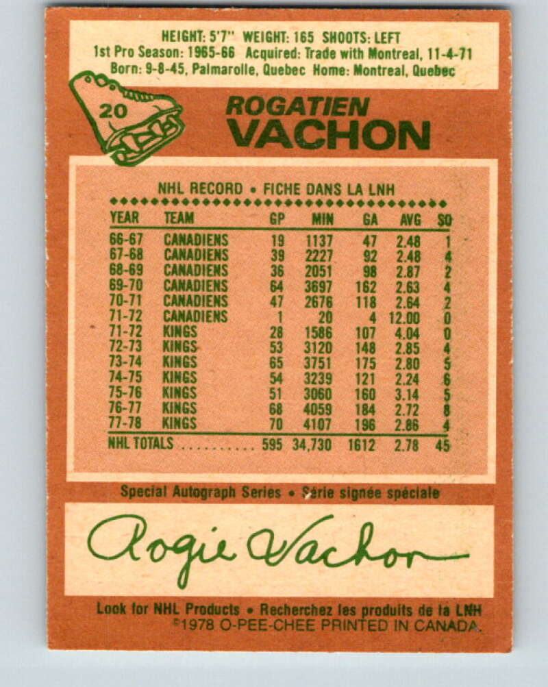 1978-79 O-Pee-Chee #20 Rogie Vachon  Detroit Red Wings  V21056