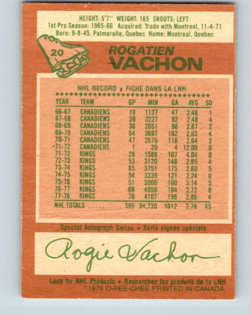 1978-79 O-Pee-Chee #20 Rogie Vachon  Detroit Red Wings  V21057