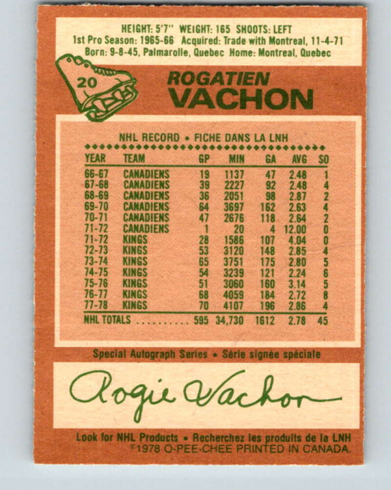 1978-79 O-Pee-Chee #20 Rogie Vachon  Detroit Red Wings  V21058