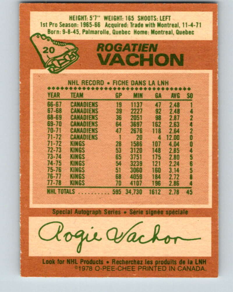 1978-79 O-Pee-Chee #20 Rogie Vachon  Detroit Red Wings  V21059