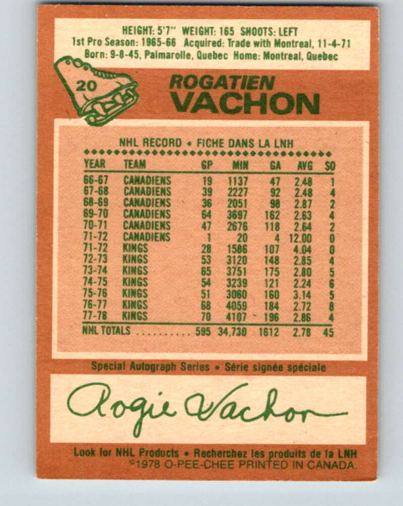 1978-79 O-Pee-Chee #20 Rogie Vachon  Detroit Red Wings  V21060