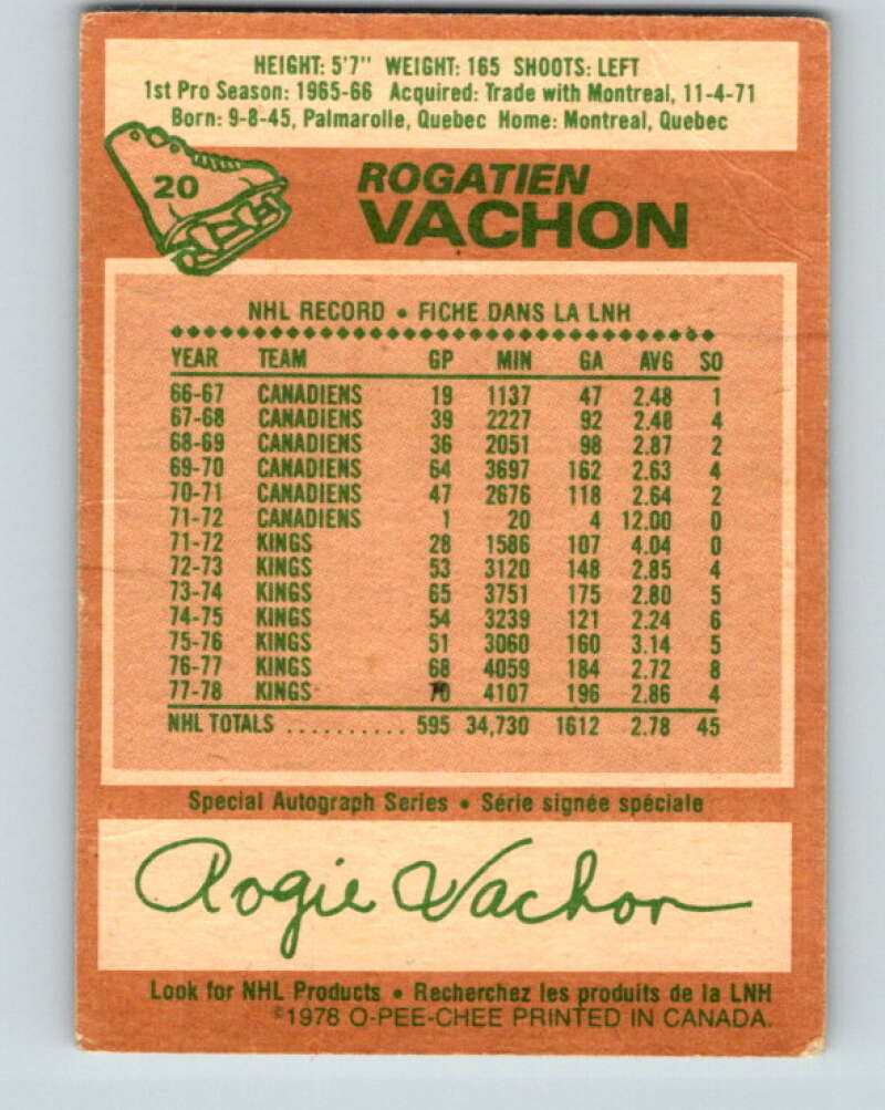1978-79 O-Pee-Chee #20 Rogie Vachon  Detroit Red Wings  V21061