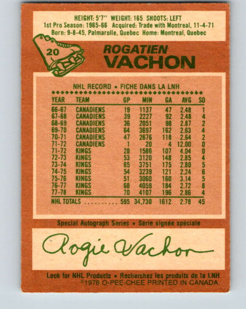 1978-79 O-Pee-Chee #20 Rogie Vachon  Detroit Red Wings  V21062