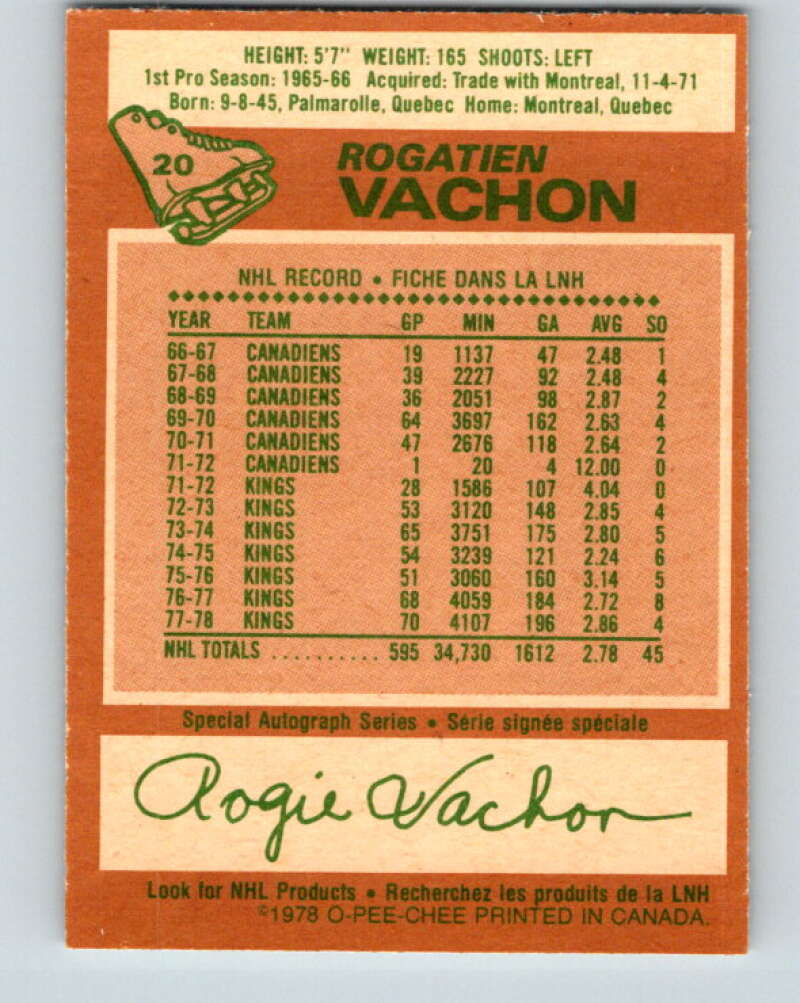 1978-79 O-Pee-Chee #20 Rogie Vachon  Detroit Red Wings  V21063