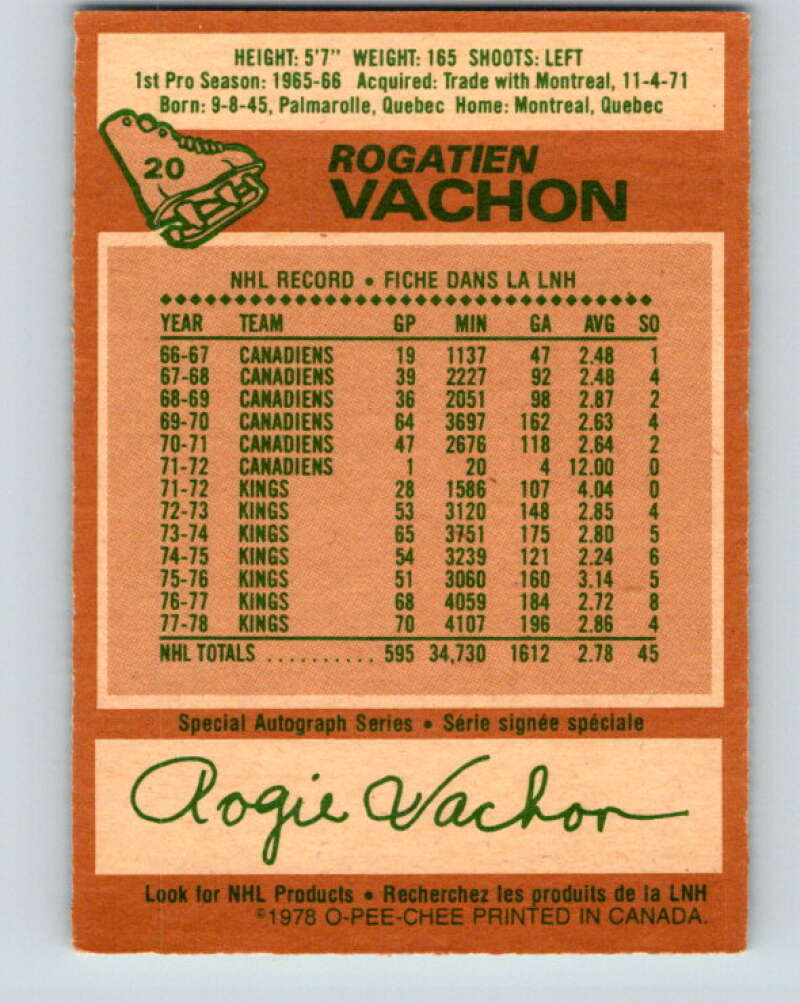 1978-79 O-Pee-Chee #20 Rogie Vachon  Detroit Red Wings  V21064