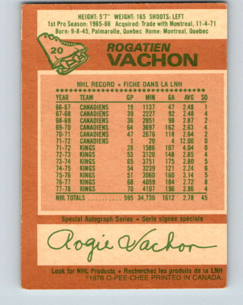1978-79 O-Pee-Chee #20 Rogie Vachon  Detroit Red Wings  V21066