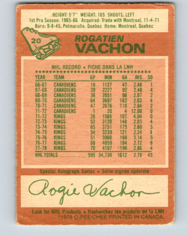 1978-79 O-Pee-Chee #20 Rogie Vachon  Detroit Red Wings  V21067