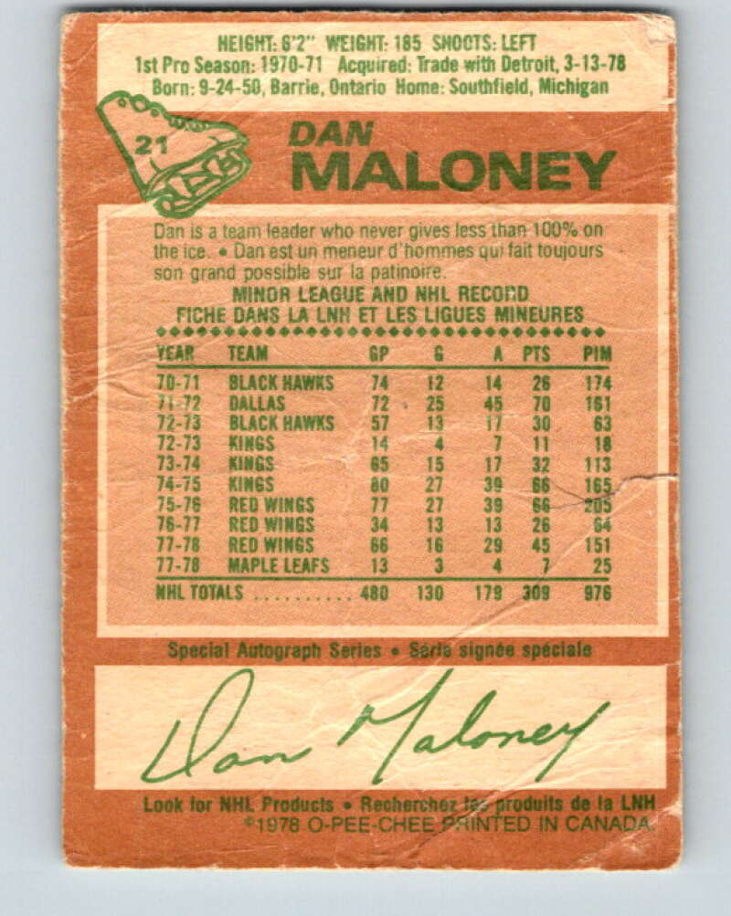 1978-79 O-Pee-Chee #21 Dan Maloney  Toronto Maple Leafs  V21068