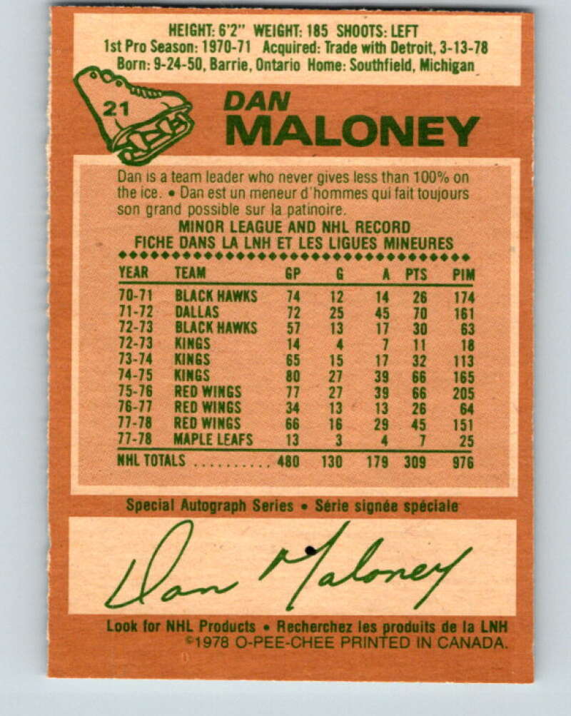 1978-79 O-Pee-Chee #21 Dan Maloney  Toronto Maple Leafs  V21069