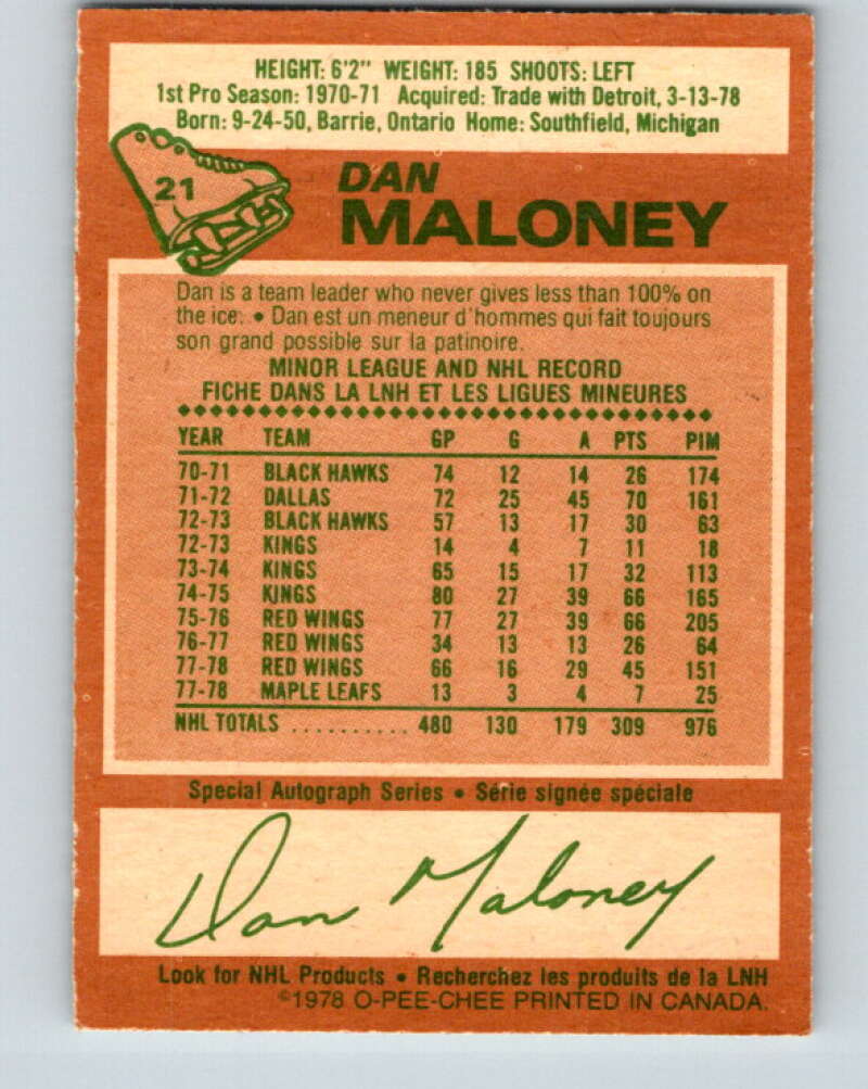 1978-79 O-Pee-Chee #21 Dan Maloney  Toronto Maple Leafs  V21081