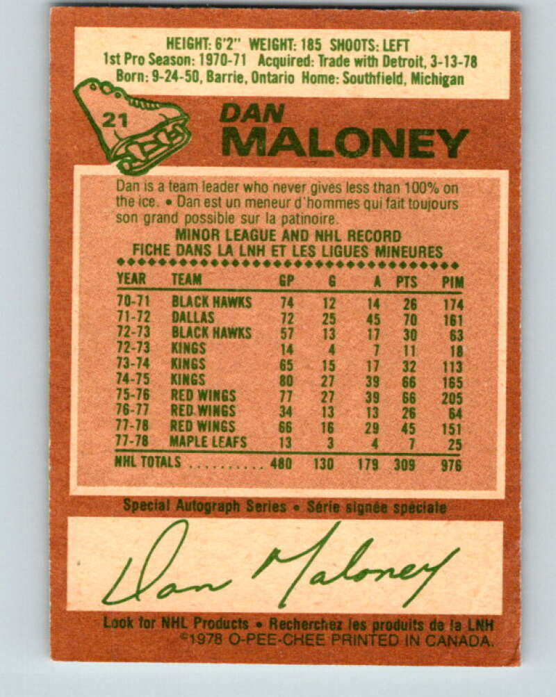 1978-79 O-Pee-Chee #21 Dan Maloney  Toronto Maple Leafs  V21083