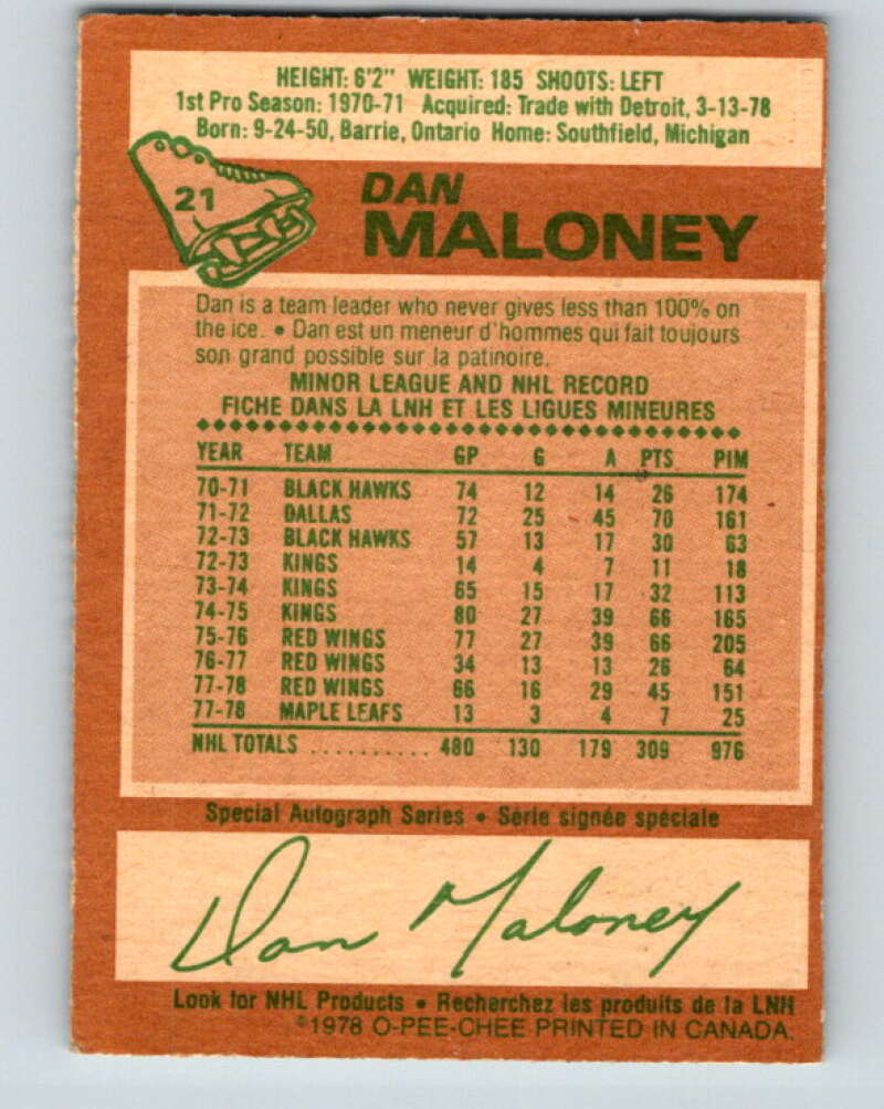 1978-79 O-Pee-Chee #21 Dan Maloney  Toronto Maple Leafs  V21085